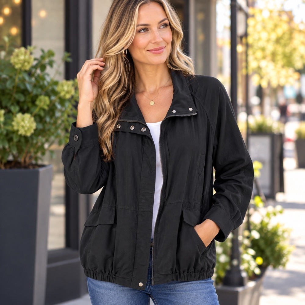 Eileen Fisher Womens XL Black 100% Silk Full Zip Snap Bomber Jacket Lightweight